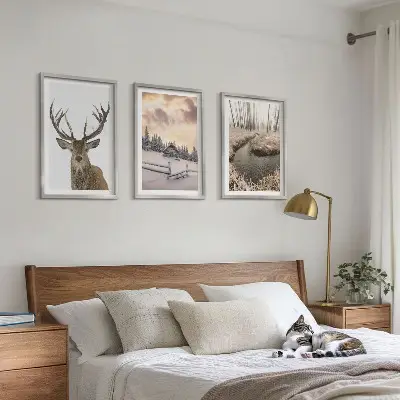 Wanddecoratie set schilderijen winterlandschap met hertenhut