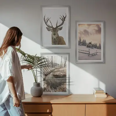 Wanddecoratie set schilderijen winterlandschap met hertenhut