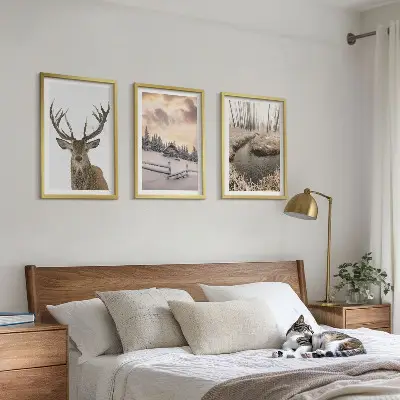 Wanddecoratie set schilderijen winterlandschap met hertenhut