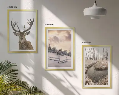 Wanddecoratie set schilderijen winterlandschap met hertenhut