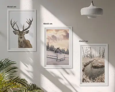Wanddecoratie set schilderijen winterlandschap met hertenhut