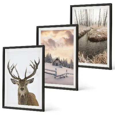 Wanddecoratie set schilderijen winterlandschap met hertenhut