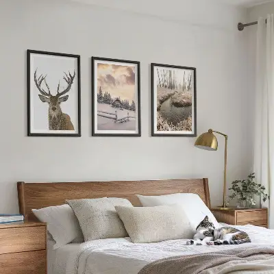 Wanddecoratie set schilderijen winterlandschap met hertenhut