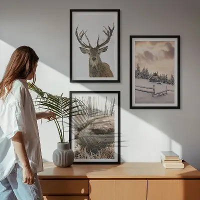 Wanddecoratie set schilderijen winterlandschap met hertenhut