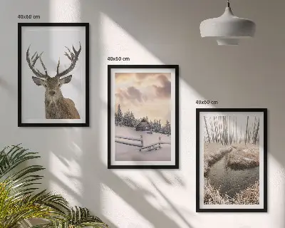 Wanddecoratie set schilderijen winterlandschap met hertenhut