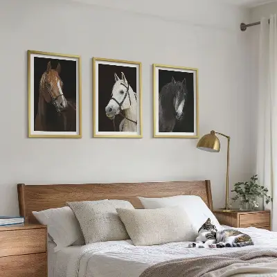 Wanddecoratie set schilderijen Portretten van paarden in verschillende vachtkleuren.