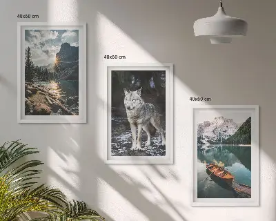 Fotowand met een natuurlandschap van bergen, meren en een wolf