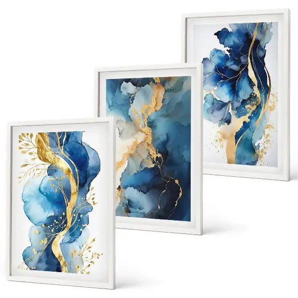 Set wanddecoratie met schilderijen met blauwe abstracte patronen