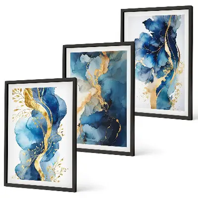 Set wanddecoratie met schilderijen met blauwe abstracte patronen