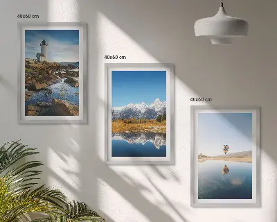 Wanddecoratieset met schilderijen uitzichten op de natuur met een vuurtoren, bergen en een ballonvaart