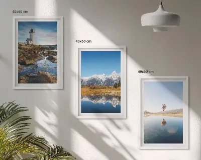 Wanddecoratieset met schilderijen uitzichten op de natuur met een vuurtoren, bergen en een ballonvaart