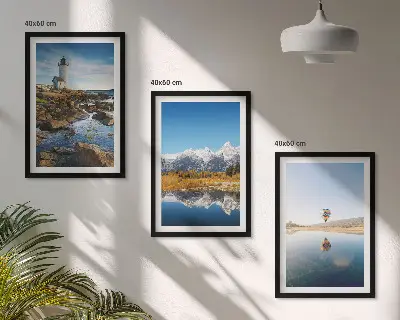 Wanddecoratieset met schilderijen uitzichten op de natuur met een vuurtoren, bergen en een ballonvaart