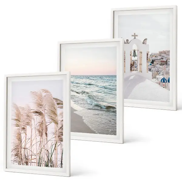 Wanddecoratie set met schilderijen met planten, zeegolven, uitzicht en huizen