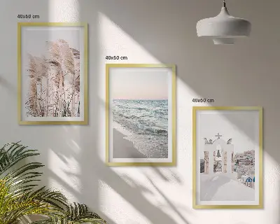 Wanddecoratie set met schilderijen met planten, zeegolven, uitzicht en huizen