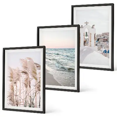 Wanddecoratie set met schilderijen met planten, zeegolven, uitzicht en huizen