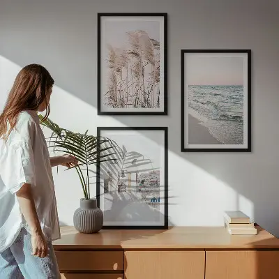 Wanddecoratie set met schilderijen met planten, zeegolven, uitzicht en huizen