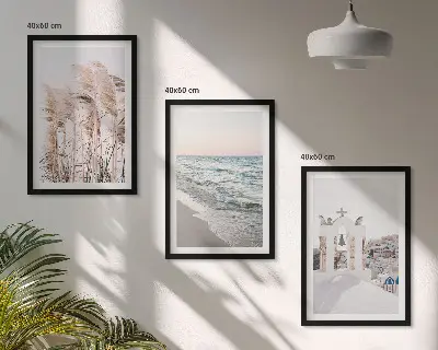 Wanddecoratie set met schilderijen met planten, zeegolven, uitzicht en huizen