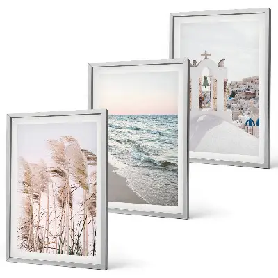Wanddecoratie set met schilderijen met planten, zeegolven, uitzicht en huizen