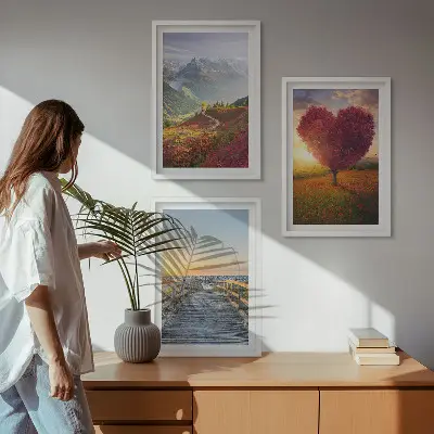 Wanddecoratie set schilderijen met landschappen van bergen, bomen en een hart op een pier