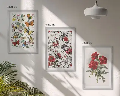 Wanddecoratie set schilderijen met afbeeldingen van vlinders, bloemen en rode rozen