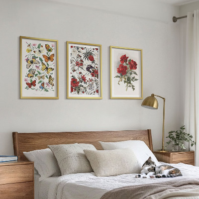Wanddecoratie set schilderijen Vlinders, bloemen, rode rozen
