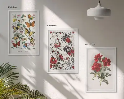 Wanddecoratie set schilderijen met afbeeldingen van vlinders, bloemen en rode rozen