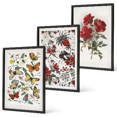 Wanddecoratie set schilderijen met afbeeldingen van vlinders, bloemen en rode rozen