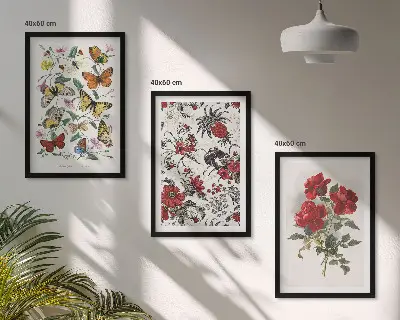 Wanddecoratie set schilderijen met afbeeldingen van vlinders, bloemen en rode rozen