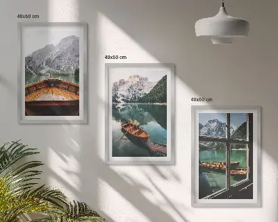 Fotowand bergmeer met boten en raamdecoratie