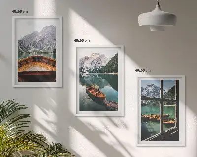 Fotowand bergmeer met boten en raamdecoratie