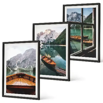 Fotowand bergmeer met boten en raamdecoratie