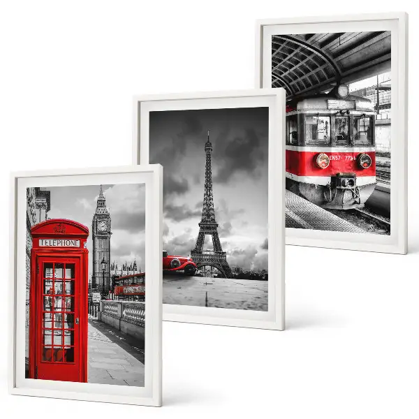 Wanddecoratie set met schilderijen met iconen van Londen en Parijs