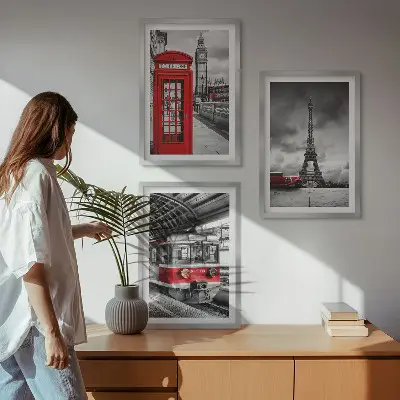 Wanddecoratie set met schilderijen met iconen van Londen en Parijs