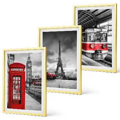 Wanddecoratie set met schilderijen met iconen van Londen en Parijs