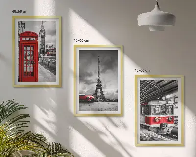 Wanddecoratie set met schilderijen met iconen van Londen en Parijs