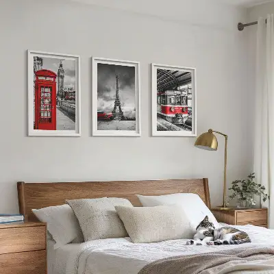 Wanddecoratie set met schilderijen met iconen van Londen en Parijs