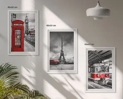 Wanddecoratie set met schilderijen met iconen van Londen en Parijs