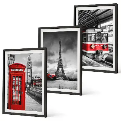 Wanddecoratie set met schilderijen met iconen van Londen en Parijs