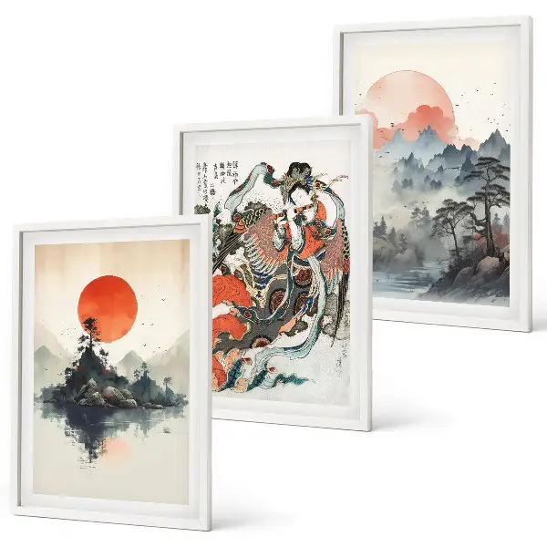 Wanddecoratie set schilderijen met Aziatische japandi stijl