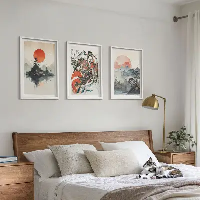 Wanddecoratie set schilderijen met Aziatische japandi stijl
