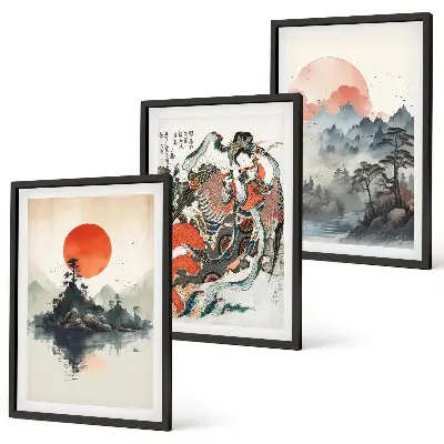 Wanddecoratie set schilderijen met Aziatische japandi stijl