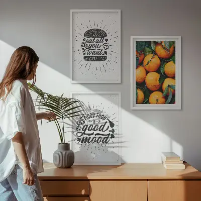 Wanddecoratie set schilderijen met sappige sinaasappels voor in de keuken