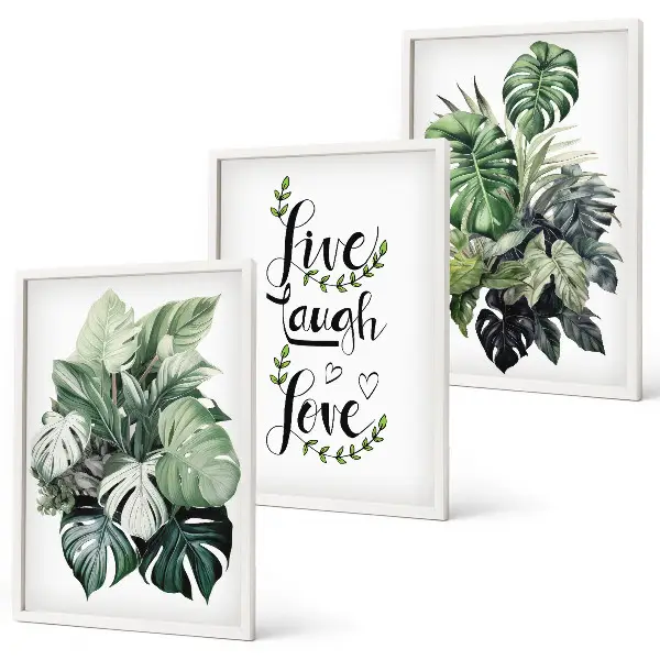 Wanddecoratieset schilderijen met bladerrijke planten en de tekst leven, lachen, houden van