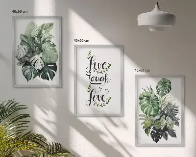 Wanddecoratieset schilderijen met bladerrijke planten en de tekst leven, lachen, houden van