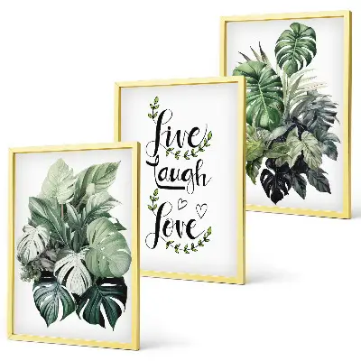 Wanddecoratieset schilderijen met bladerrijke planten en de tekst leven, lachen, houden van