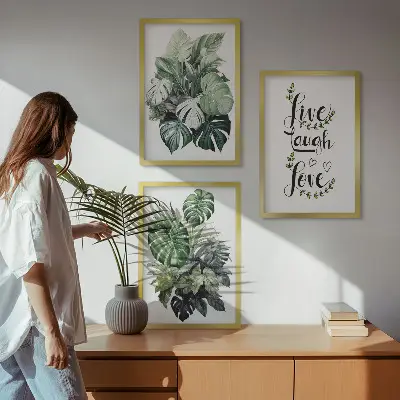 Wanddecoratieset schilderijen met bladerrijke planten en de tekst leven, lachen, houden van