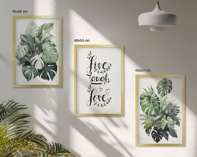 Wanddecoratieset schilderijen met bladerrijke planten en de tekst leven, lachen, houden van