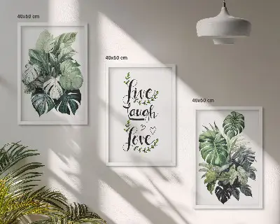Wanddecoratieset schilderijen met bladerrijke planten en de tekst leven, lachen, houden van