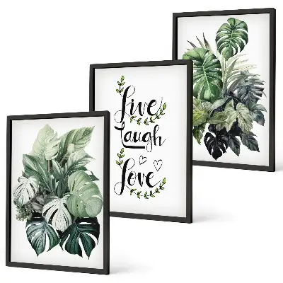 Wanddecoratieset schilderijen met bladerrijke planten en de tekst leven, lachen, houden van