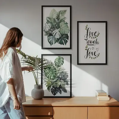 Wanddecoratieset schilderijen met bladerrijke planten en de tekst leven, lachen, houden van
